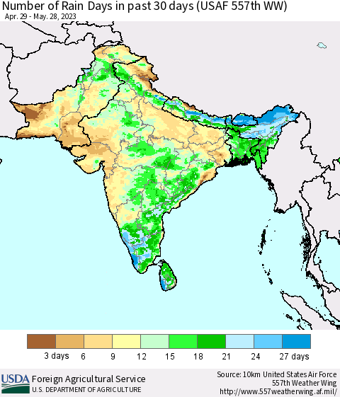 Southern Asia Number of Rain Days in past 30 days (USAF 557th WW) 05/28/2023 Thematic Map For 5/22/2023 - 5/28/2023