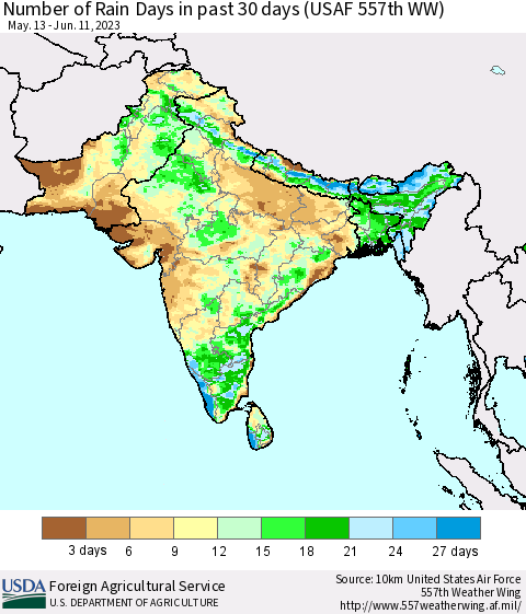 Southern Asia Number of Rain Days in past 30 days (USAF 557th WW) 06/11/2023 Thematic Map For 6/5/2023 - 6/11/2023