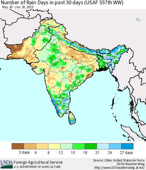 Southern Asia Number of Rain Days in past 30 days (USAF 557th WW) 06/18/2023 Thematic Map For 6/12/2023 - 6/18/2023