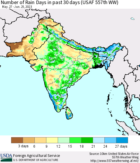 Southern Asia Number of Rain Days in past 30 days (USAF 557th WW) 06/25/2023 Thematic Map For 6/19/2023 - 6/25/2023