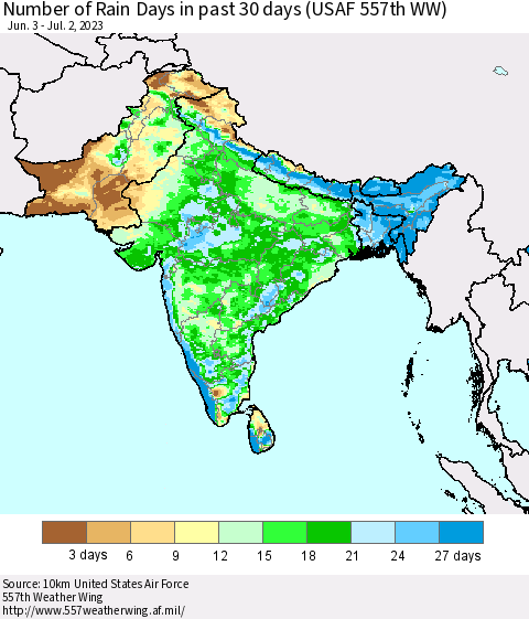 Southern Asia Number of Rain Days in past 30 days (USAF 557th WW) 07/02/2023 Thematic Map For 6/26/2023 - 7/2/2023