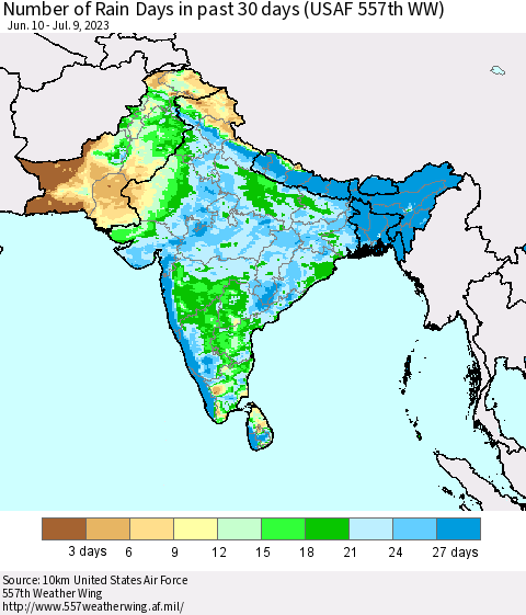 Southern Asia Number of Rain Days in past 30 days (USAF 557th WW) 07/09/2023 Thematic Map For 7/3/2023 - 7/9/2023