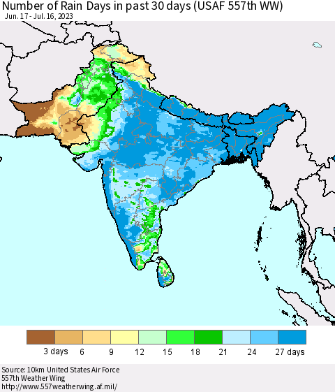 Southern Asia Number of Rain Days in past 30 days (USAF 557th WW) 07/16/2023 Thematic Map For 7/10/2023 - 7/16/2023