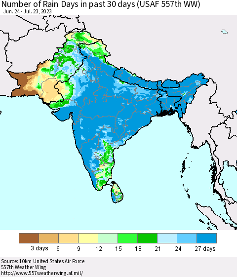 Southern Asia Number of Rain Days in past 30 days (USAF 557th WW) 07/23/2023 Thematic Map For 7/17/2023 - 7/23/2023