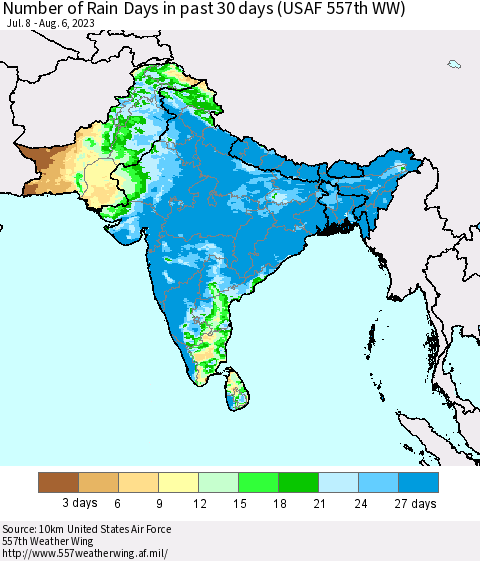 Southern Asia Number of Rain Days in past 30 days (USAF 557th WW) 08/06/2023 Thematic Map For 7/31/2023 - 8/6/2023