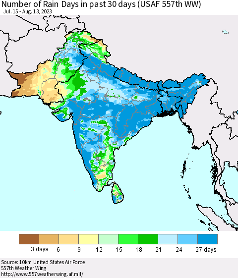 Southern Asia Number of Rain Days in past 30 days (USAF 557th WW) 08/13/2023 Thematic Map For 8/7/2023 - 8/13/2023