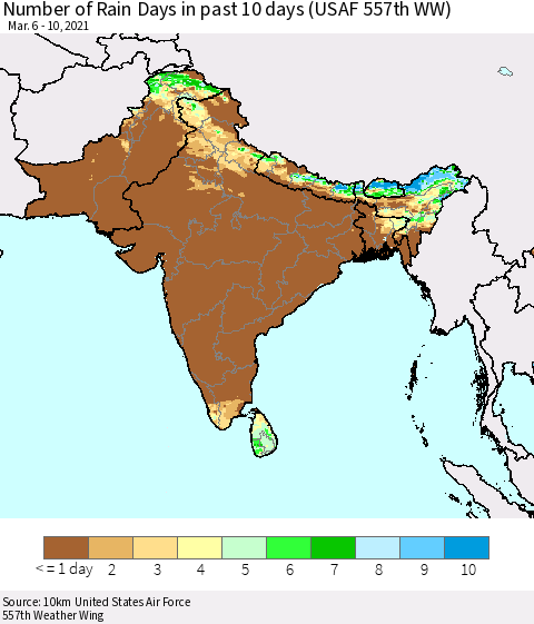 Southern Asia Number of Rain Days in past 10 days (USAF 557th WW) Thematic Map For 3/6/2021 - 3/10/2021