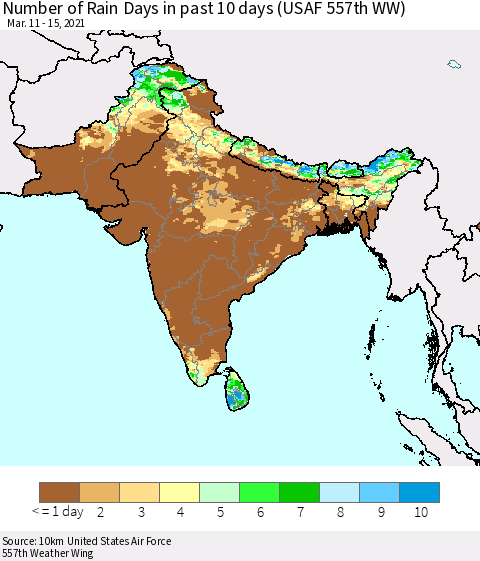 Southern Asia Number of Rain Days in past 10 days (USAF 557th WW) Thematic Map For 3/11/2021 - 3/15/2021
