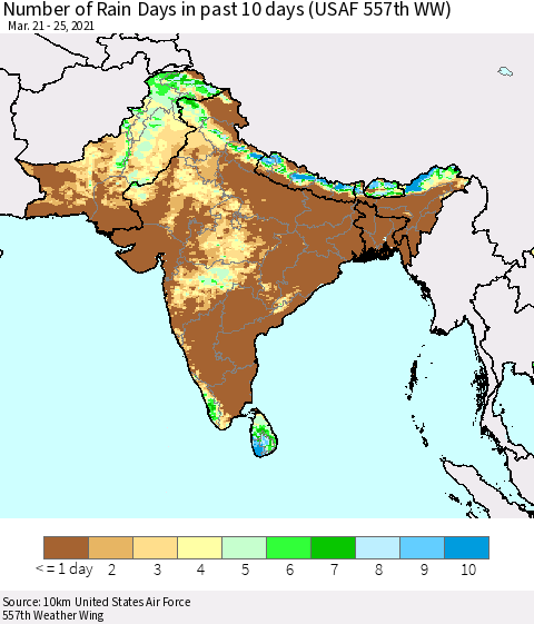 Southern Asia Number of Rain Days in past 10 days (USAF 557th WW) Thematic Map For 3/21/2021 - 3/25/2021