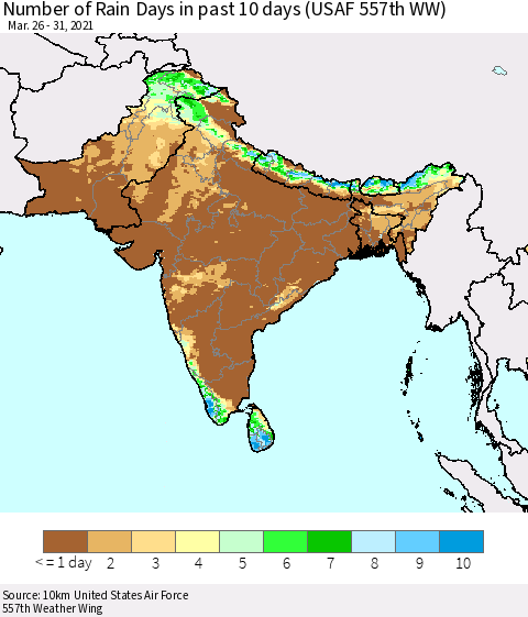 Southern Asia Number of Rain Days in past 10 days (USAF 557th WW) Thematic Map For 3/26/2021 - 3/31/2021