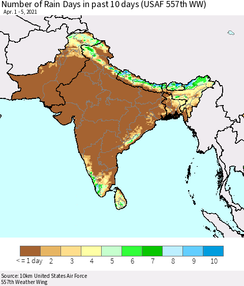 Southern Asia Number of Rain Days in past 10 days (USAF 557th WW) Thematic Map For 4/1/2021 - 4/5/2021