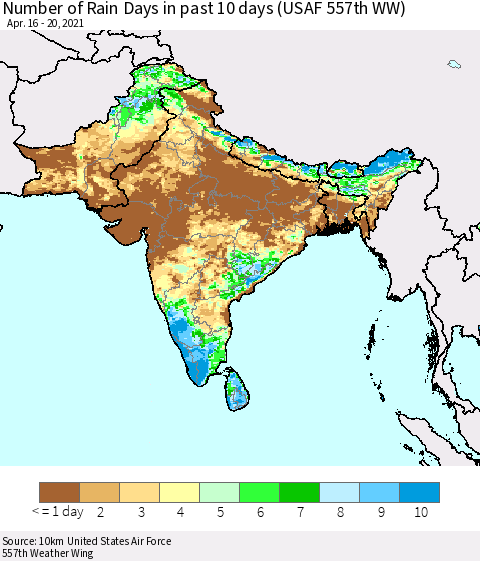 Southern Asia Number of Rain Days in past 10 days (USAF 557th WW) Thematic Map For 4/16/2021 - 4/20/2021