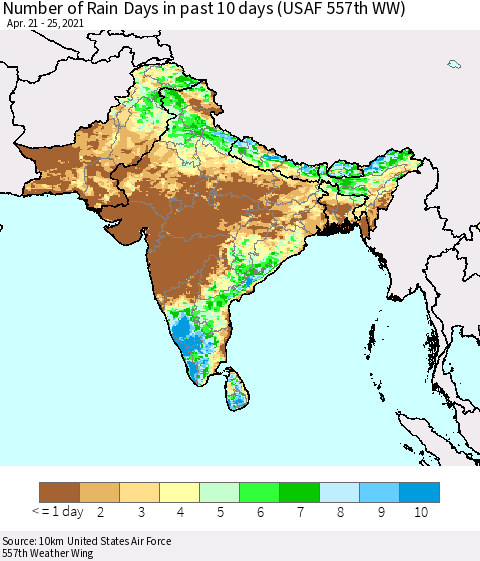 Southern Asia Number of Rain Days in past 10 days (USAF 557th WW) Thematic Map For 4/21/2021 - 4/25/2021