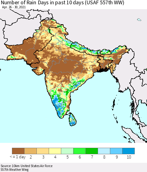 Southern Asia Number of Rain Days in past 10 days (USAF 557th WW) Thematic Map For 4/26/2021 - 4/30/2021