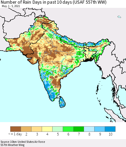 Southern Asia Number of Rain Days in past 10 days (USAF 557th WW) Thematic Map For 5/1/2021 - 5/5/2021