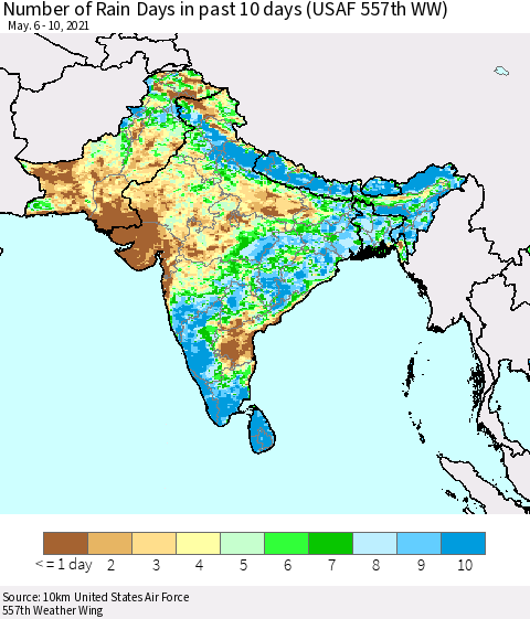 Southern Asia Number of Rain Days in past 10 days (USAF 557th WW) Thematic Map For 5/6/2021 - 5/10/2021