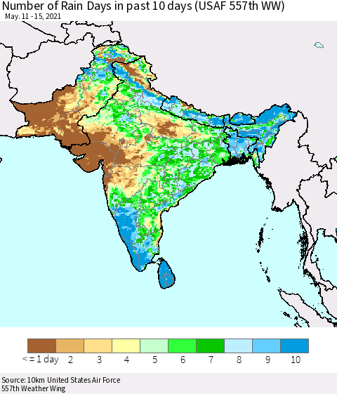 Southern Asia Number of Rain Days in past 10 days (USAF 557th WW) Thematic Map For 5/11/2021 - 5/15/2021
