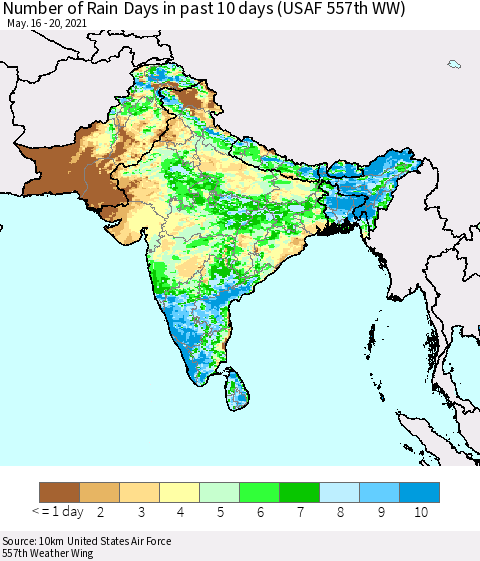 Southern Asia Number of Rain Days in past 10 days (USAF 557th WW) Thematic Map For 5/16/2021 - 5/20/2021