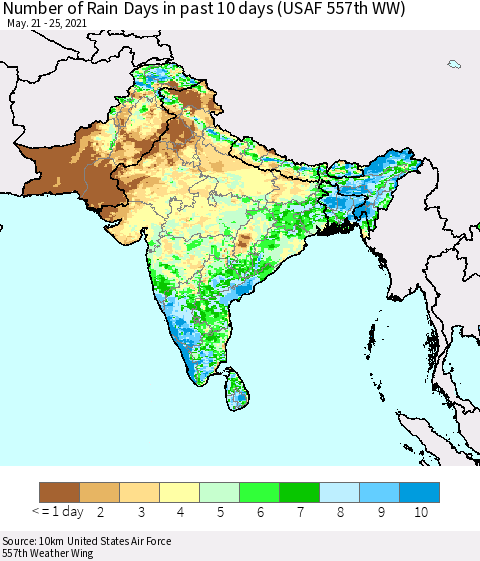 Southern Asia Number of Rain Days in past 10 days (USAF 557th WW) Thematic Map For 5/21/2021 - 5/25/2021