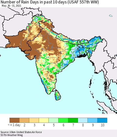 Southern Asia Number of Rain Days in past 10 days (USAF 557th WW) Thematic Map For 5/26/2021 - 5/31/2021