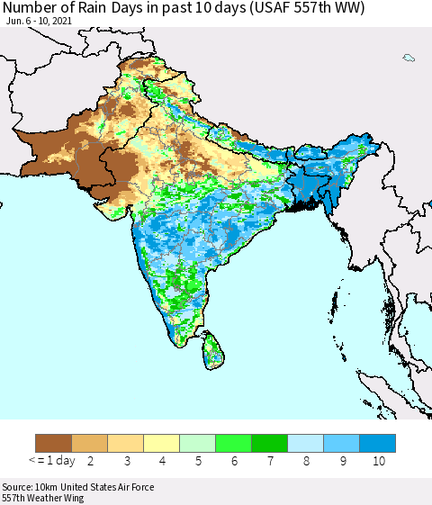Southern Asia Number of Rain Days in past 10 days (USAF 557th WW) Thematic Map For 6/6/2021 - 6/10/2021