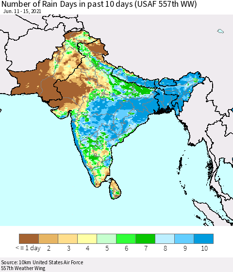 Southern Asia Number of Rain Days in past 10 days (USAF 557th WW) Thematic Map For 6/11/2021 - 6/15/2021