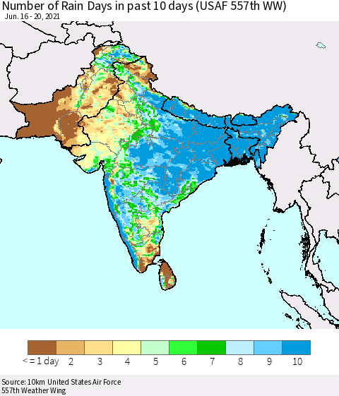 Southern Asia Number of Rain Days in past 10 days (USAF 557th WW) Thematic Map For 6/16/2021 - 6/20/2021