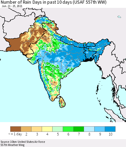 Southern Asia Number of Rain Days in past 10 days (USAF 557th WW) Thematic Map For 6/21/2021 - 6/25/2021
