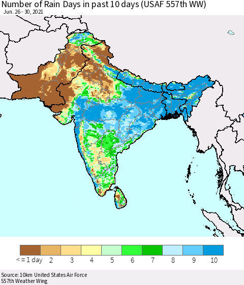 Southern Asia Number of Rain Days in past 10 days (USAF 557th WW) Thematic Map For 6/26/2021 - 6/30/2021