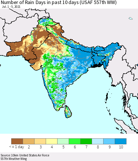 Southern Asia Number of Rain Days in past 10 days (USAF 557th WW) Thematic Map For 7/1/2021 - 7/5/2021