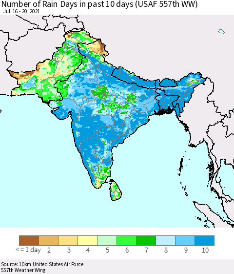 Southern Asia Number of Rain Days in past 10 days (USAF 557th WW) Thematic Map For 7/16/2021 - 7/20/2021