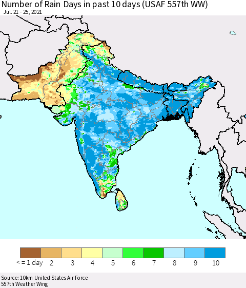 Southern Asia Number of Rain Days in past 10 days (USAF 557th WW) Thematic Map For 7/21/2021 - 7/25/2021
