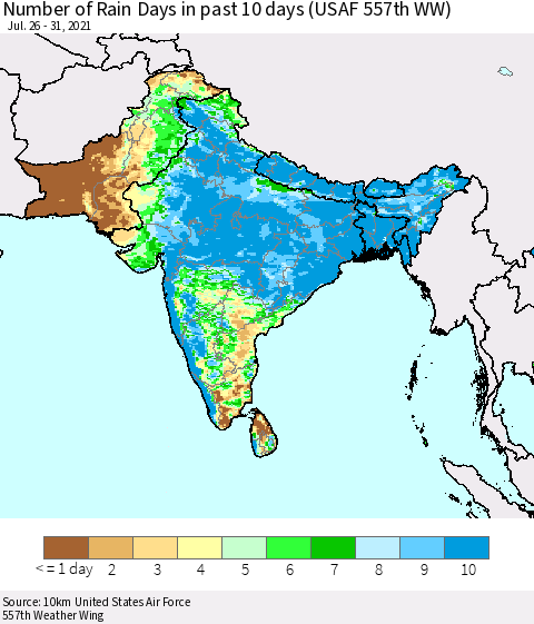 Southern Asia Number of Rain Days in past 10 days (USAF 557th WW) Thematic Map For 7/26/2021 - 7/31/2021