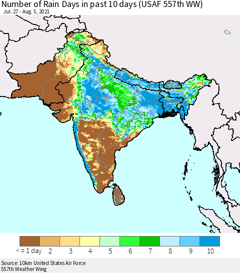 Southern Asia Number of Rain Days in past 10 days (USAF 557th WW) Thematic Map For 8/1/2021 - 8/5/2021
