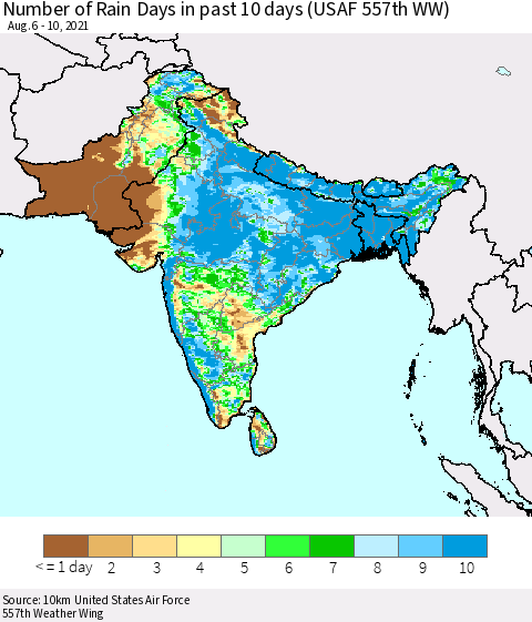 Southern Asia Number of Rain Days in past 10 days (USAF 557th WW) Thematic Map For 8/6/2021 - 8/10/2021