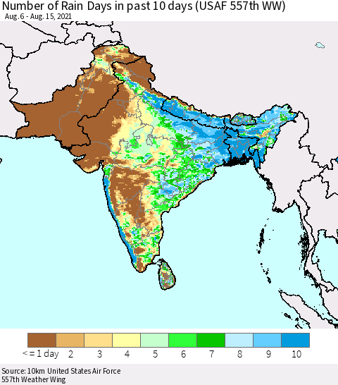 Southern Asia Number of Rain Days in past 10 days (USAF 557th WW) Thematic Map For 8/11/2021 - 8/15/2021