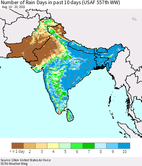 Southern Asia Number of Rain Days in past 10 days (USAF 557th WW) Thematic Map For 8/16/2021 - 8/20/2021