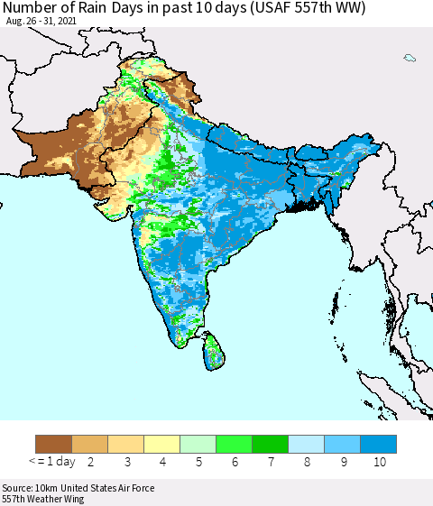 Southern Asia Number of Rain Days in past 10 days (USAF 557th WW) Thematic Map For 8/26/2021 - 8/31/2021