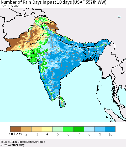 Southern Asia Number of Rain Days in past 10 days (USAF 557th WW) Thematic Map For 9/1/2021 - 9/5/2021