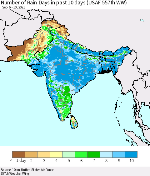 Southern Asia Number of Rain Days in past 10 days (USAF 557th WW) Thematic Map For 9/6/2021 - 9/10/2021