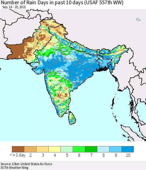 Southern Asia Number of Rain Days in past 10 days (USAF 557th WW) Thematic Map For 9/16/2021 - 9/20/2021