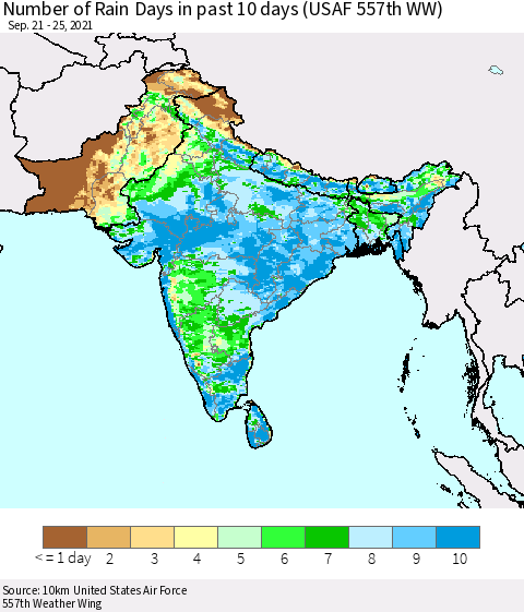 Southern Asia Number of Rain Days in past 10 days (USAF 557th WW) Thematic Map For 9/21/2021 - 9/25/2021