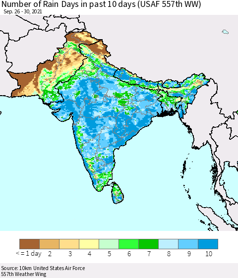 Southern Asia Number of Rain Days in past 10 days (USAF 557th WW) Thematic Map For 9/26/2021 - 9/30/2021