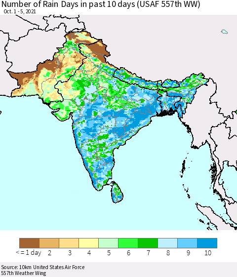 Southern Asia Number of Rain Days in past 10 days (USAF 557th WW) Thematic Map For 10/1/2021 - 10/5/2021