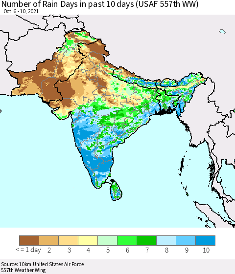 Southern Asia Number of Rain Days in past 10 days (USAF 557th WW) Thematic Map For 10/6/2021 - 10/10/2021