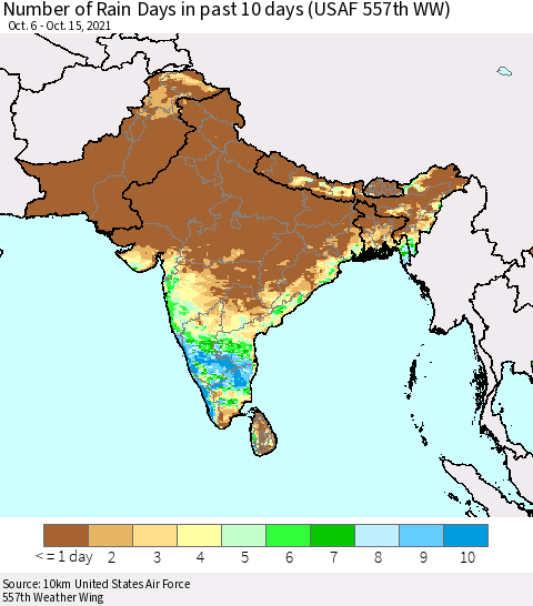 Southern Asia Number of Rain Days in past 10 days (USAF 557th WW) Thematic Map For 10/11/2021 - 10/15/2021