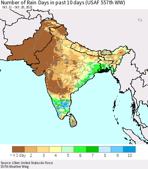 Southern Asia Number of Rain Days in past 10 days (USAF 557th WW) Thematic Map For 10/16/2021 - 10/20/2021