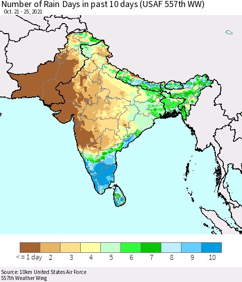 Southern Asia Number of Rain Days in past 10 days (USAF 557th WW) Thematic Map For 10/21/2021 - 10/25/2021