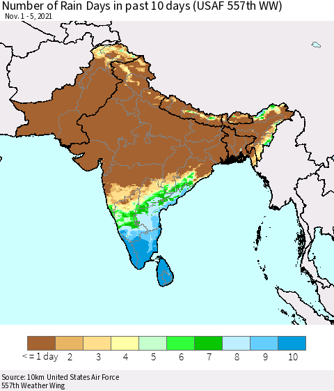 Southern Asia Number of Rain Days in past 10 days (USAF 557th WW) Thematic Map For 11/1/2021 - 11/5/2021