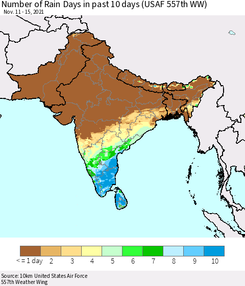 Southern Asia Number of Rain Days in past 10 days (USAF 557th WW) Thematic Map For 11/11/2021 - 11/15/2021